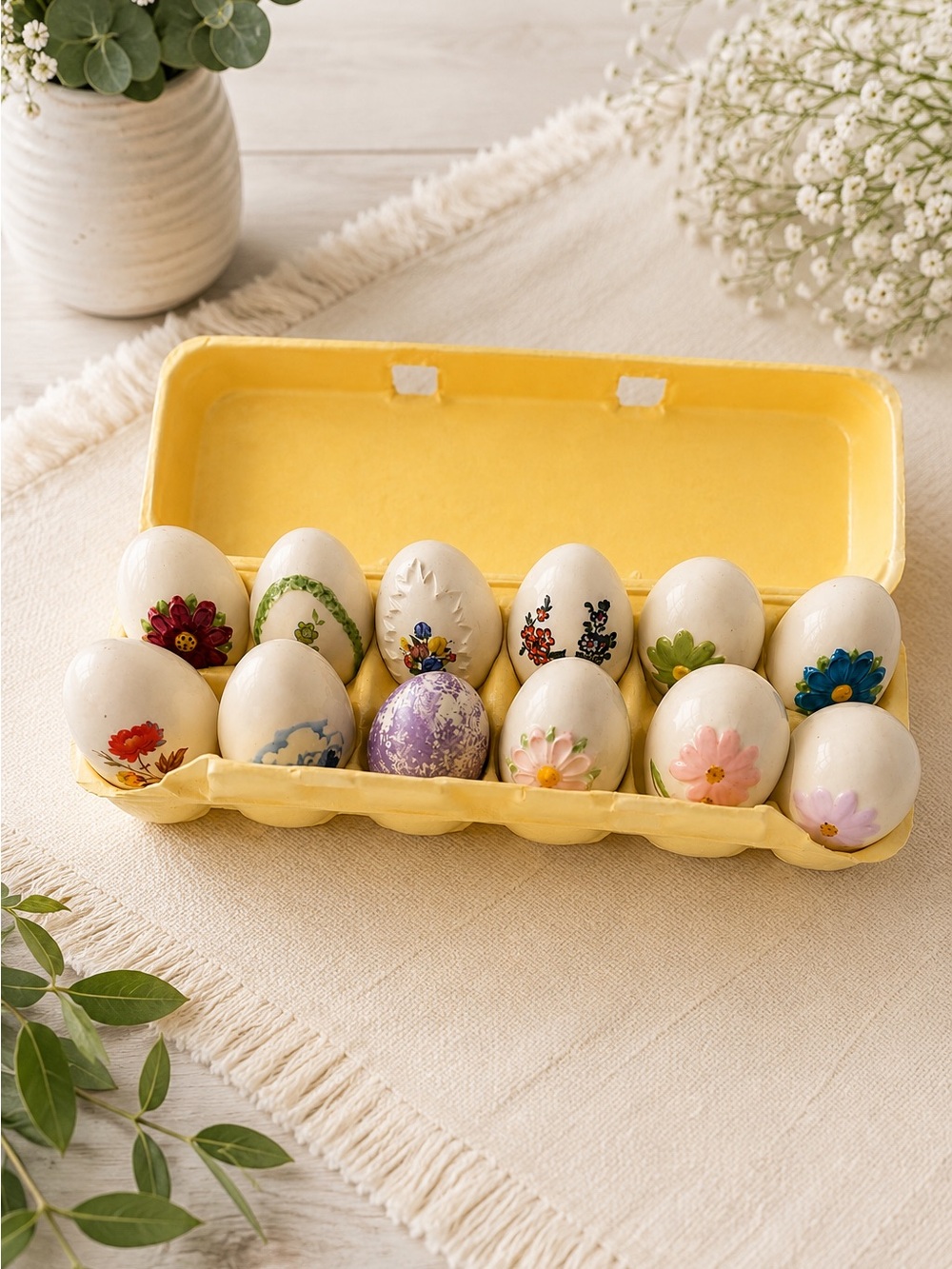 Decorative Floral Ceramic Egg Set in Yellow Carton